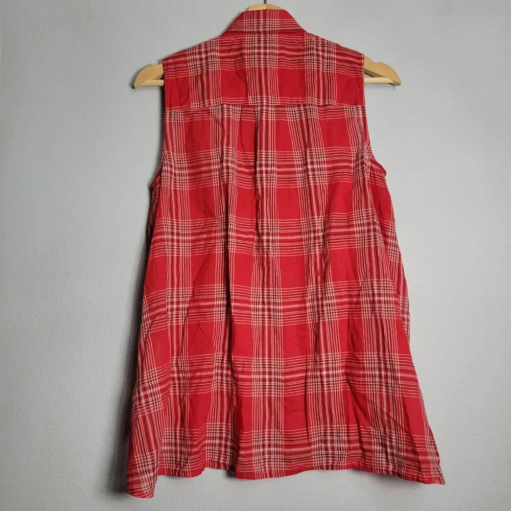 MICHAEL KORS Womens S6 Sleeveless Plaid Button Down Shirt Red Western Americana